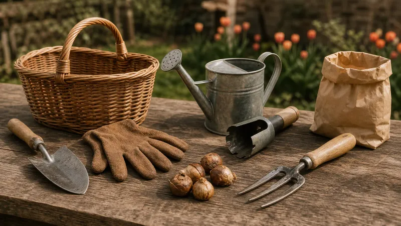 Tuingereedschap voor bloembollen op houten tafel: schepje, handschoenen, gieter, mand, bollenplanter, vork en droge bloembollen zonder scheuten.
