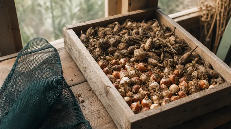 Gedroogde tulpenbollen en dahliaknollen liggen in een houten krat naast een geventileerd net in een schuur.