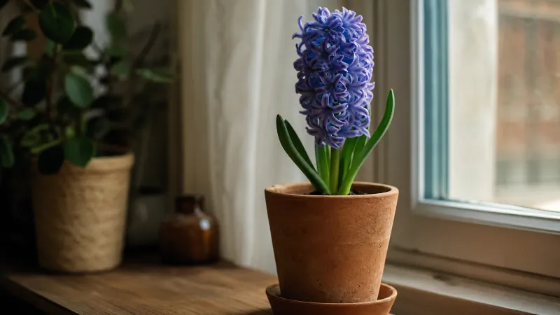 Een bloeiende roze hyacint in een terracotta pot op een houten vensterbank met daglicht door het raam.