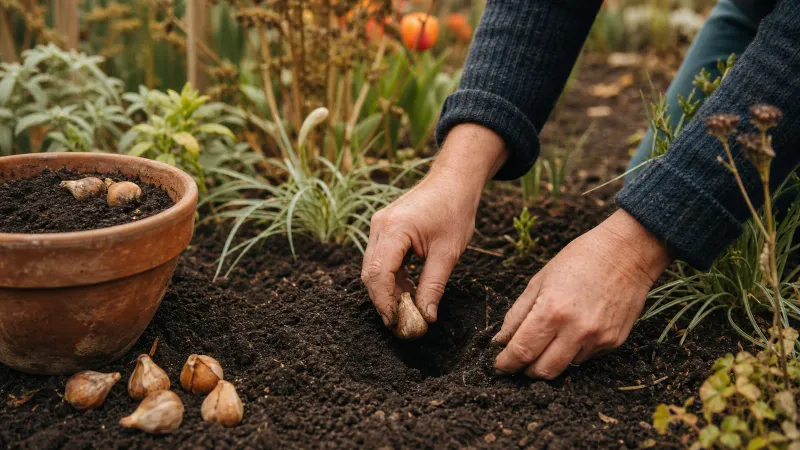 Handen planten bloembollen in de volle grond van een border, met een terracotta pot en losse bollen ernaast in de herfst.