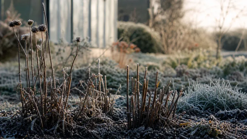 Berijpte tuinborder met verwelkte dahliastengels en kale planten bedekt met een dunne laag ijskristallen in de winter