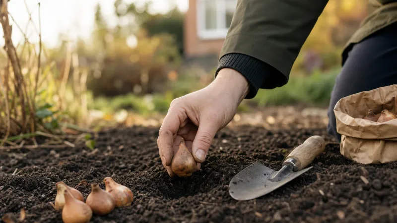 Hand plaatst een tulpenbol in een plantgat in een herfstige tuinborder, met een schepje en losse bollen ernaast.