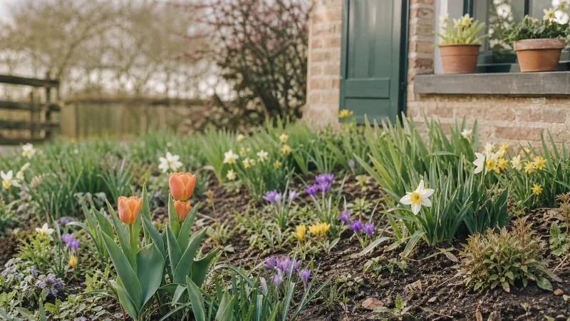 Bloeiende tulpen, narcissen en krokussen in een Nederlandse border in het voorjaar, tussen kale grond.
