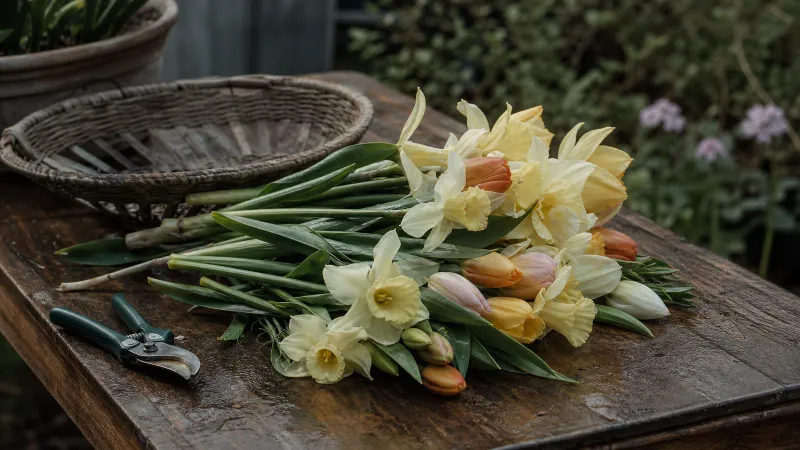 Vers geknipte tulpen en narcissen liggen naast een snoeischaar en een mand op een houten tuintafel.