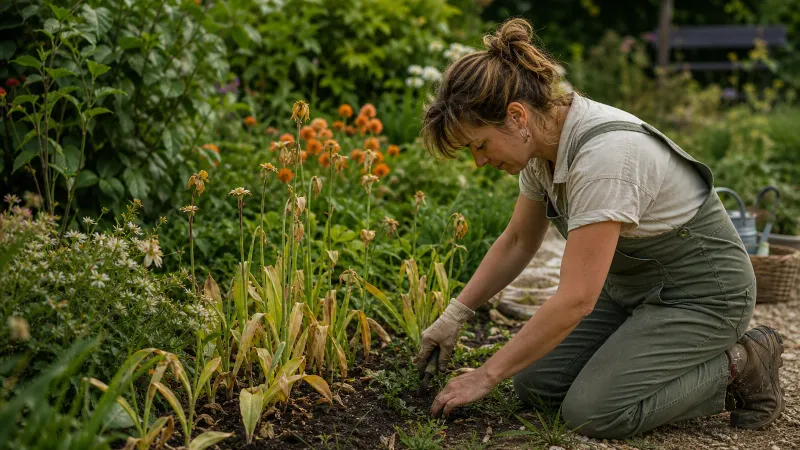 Persoon wiedt met de hand onkruid tussen vergelend tulpenblad in een border in het voorjaar.
