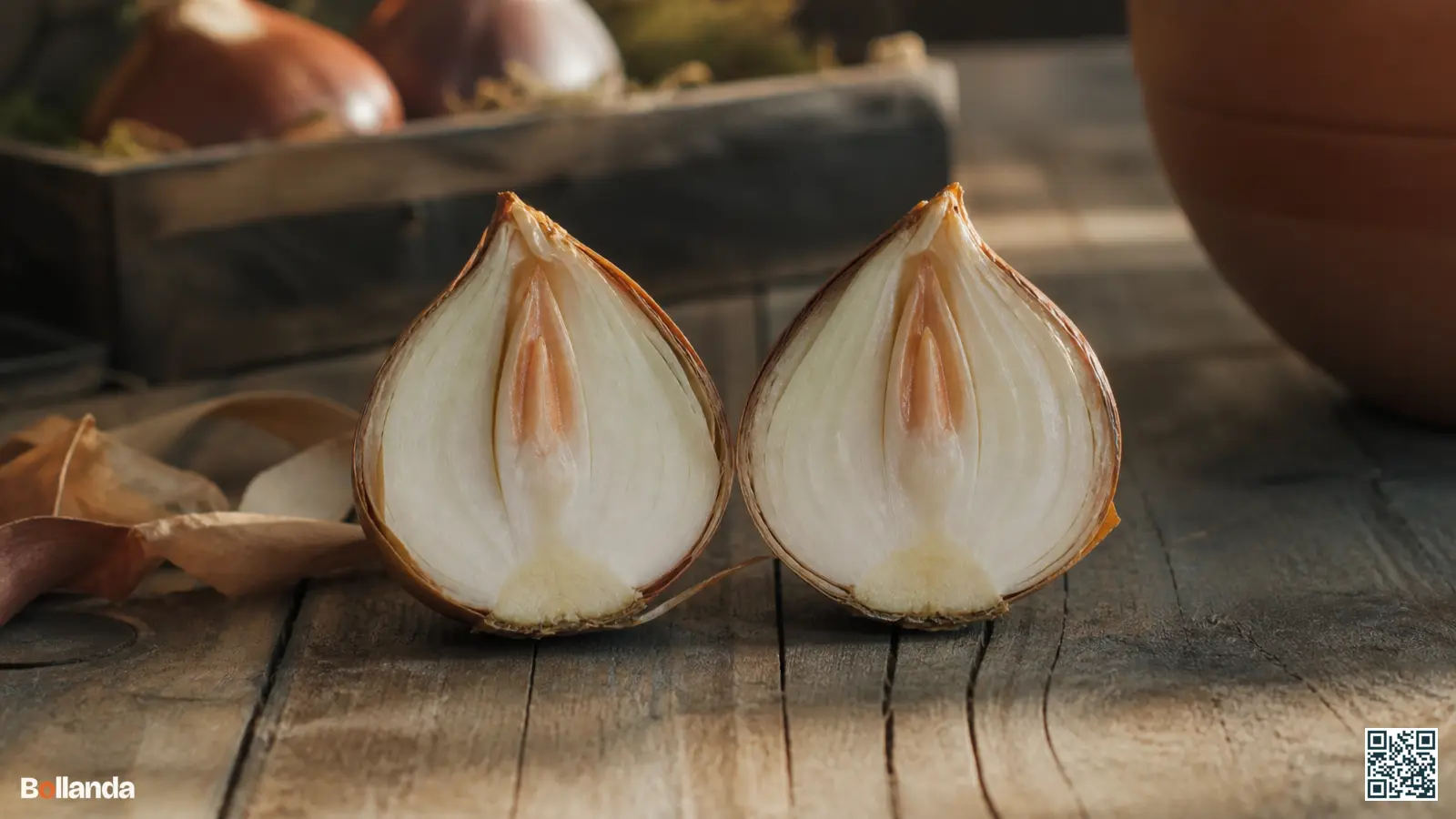 Doormidden gesneden bloembol toont de tunica, vlezige rokken, het groeipunt en de basaalplaat in doorsnede.