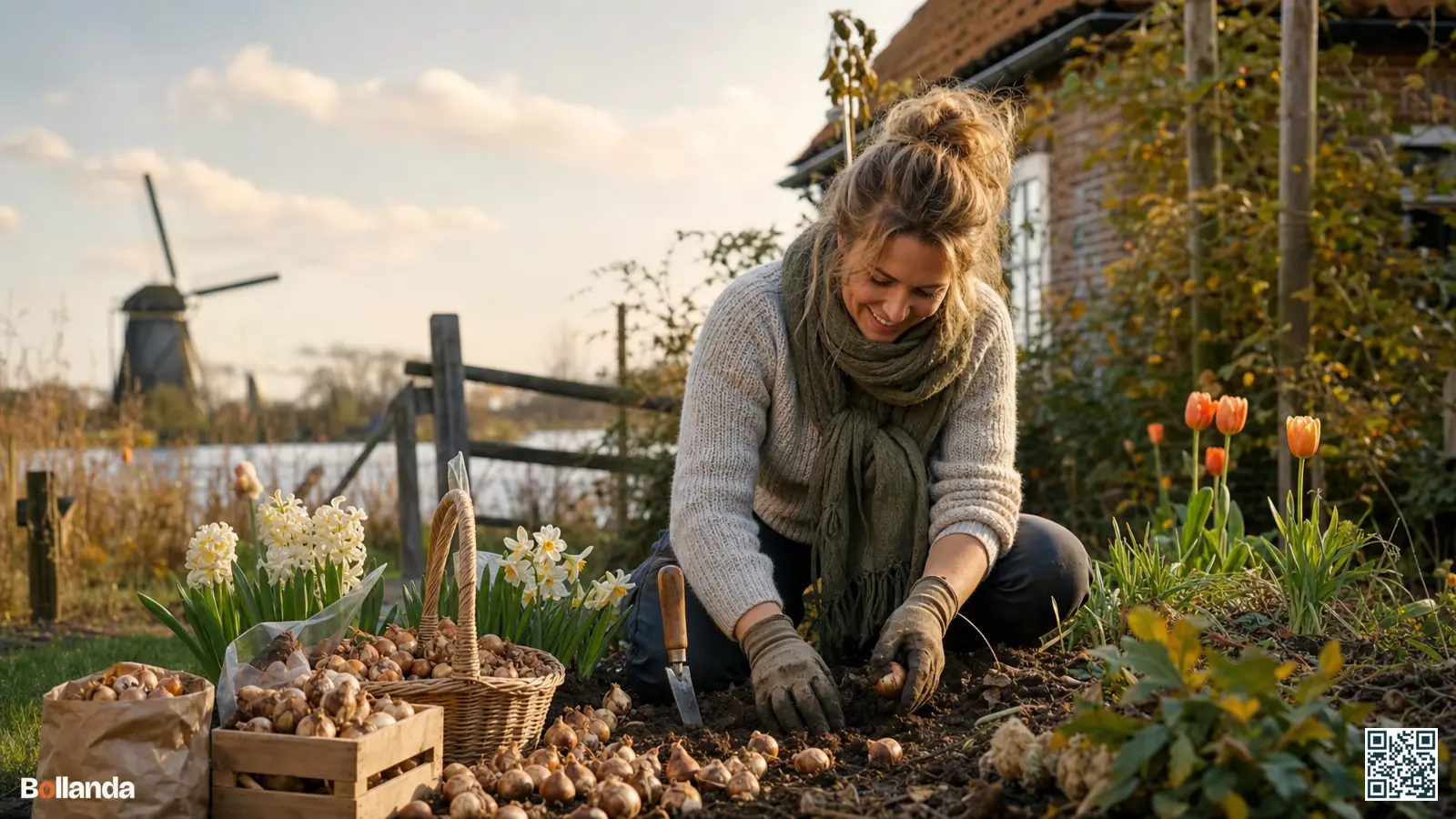 Tuinier knielt in een herfsttuin omringd door tulpen- narcissen- en hyacintenbollen klaar voor planting.