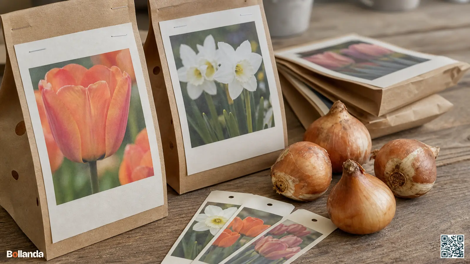 Neutrale bloembollenverpakkingen met losse tulpen- en narcisbollen op een houten tafel, ter illustratie van indeling in cultivars en groepen.