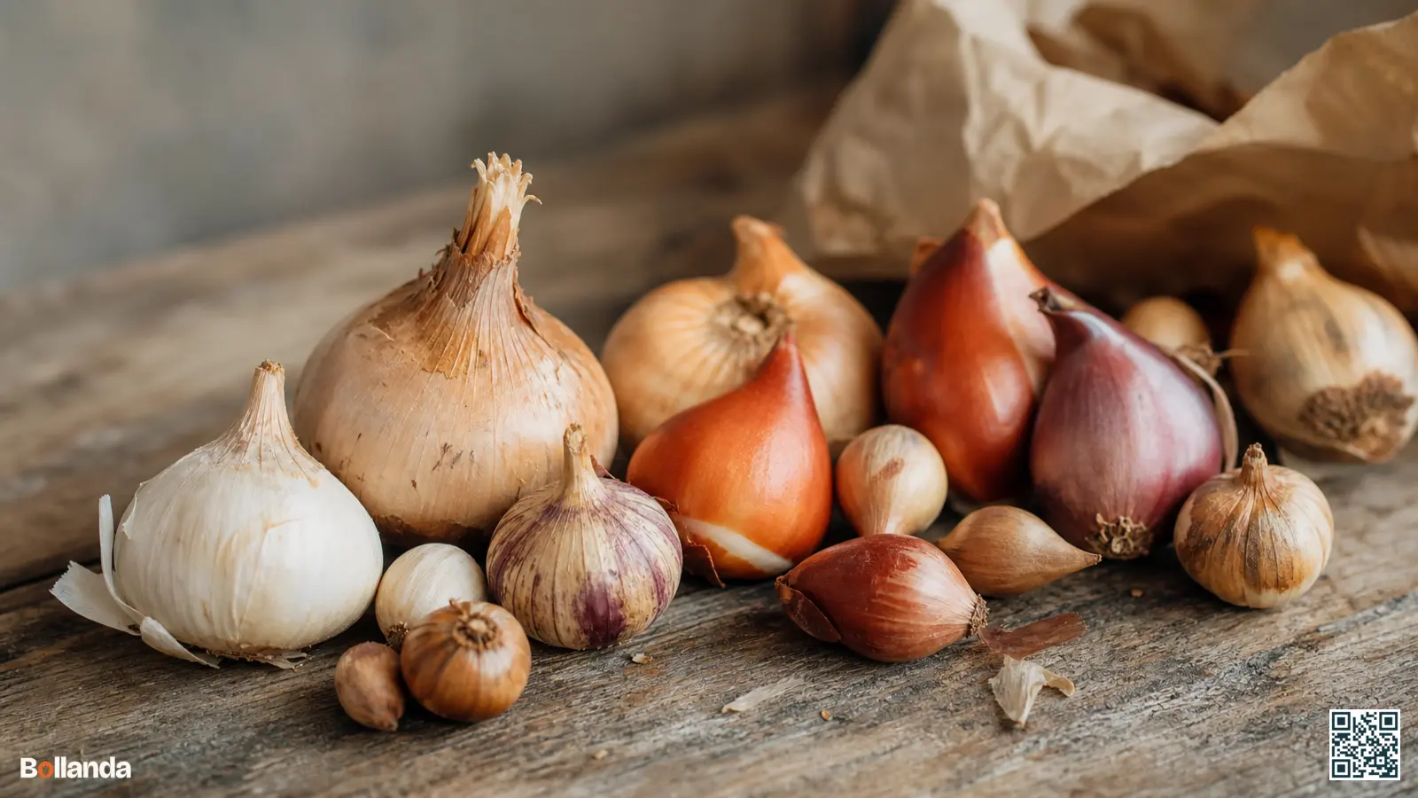 Verschillende ongemarkeerde bloembollen met uiteenlopende vorm en huid naast elkaar op een houten tafel.