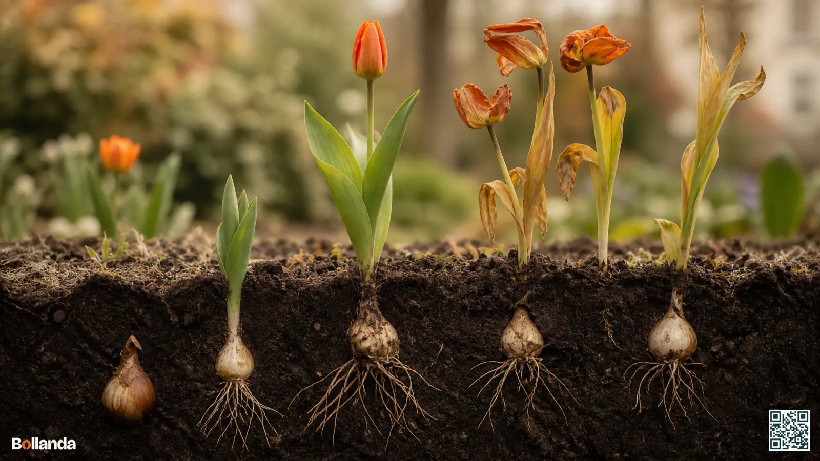 Tulpenbol in herfstgrond met groene scheuten en vergelend loof die de jaarcyclus van rust tot bloei tonen.
