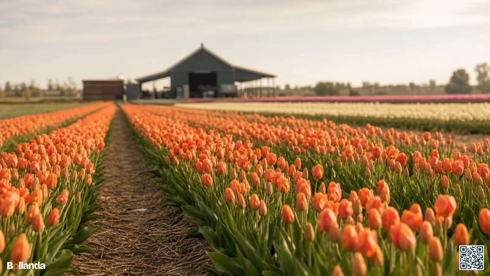 Bloeiend tulpenveld met nette rijen in de Nederlandse bollenstreek tijdens het groeiseizoen op de kwekerij.