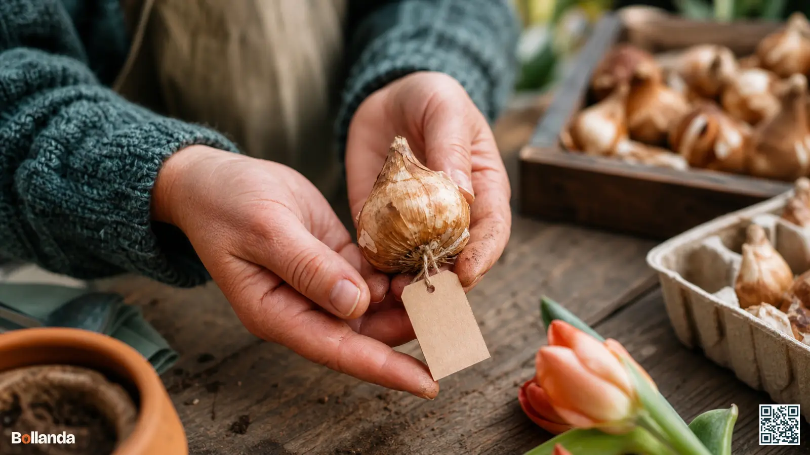 Handen van een tuinier houden een bloembol met een neutraal etiket vast boven een tafel met losse bollen.
