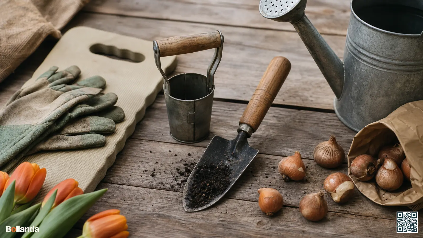 Platte lay van tuingereedschap voor bloembollen op een houten ondergrond, met schepje, bollenplanter en handschoenen.