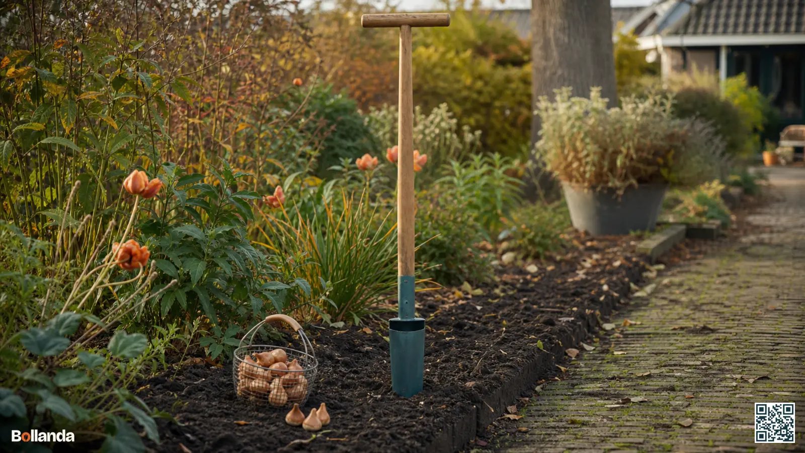 Bollenplanter met lange steel rechtop in herfstgrond van een Nederlandse border, met een mandje bloembollen ernaast.