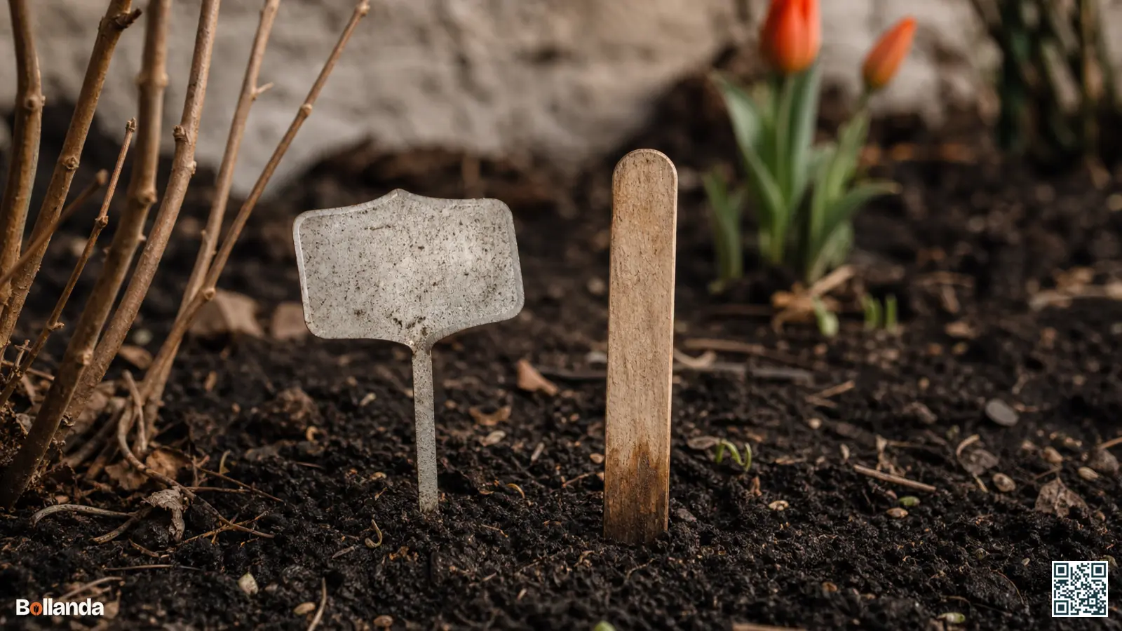 Verweerde metalen en houten plantlabels markeren slapende bloembollen in een border met donkere voorjaarsgrond.