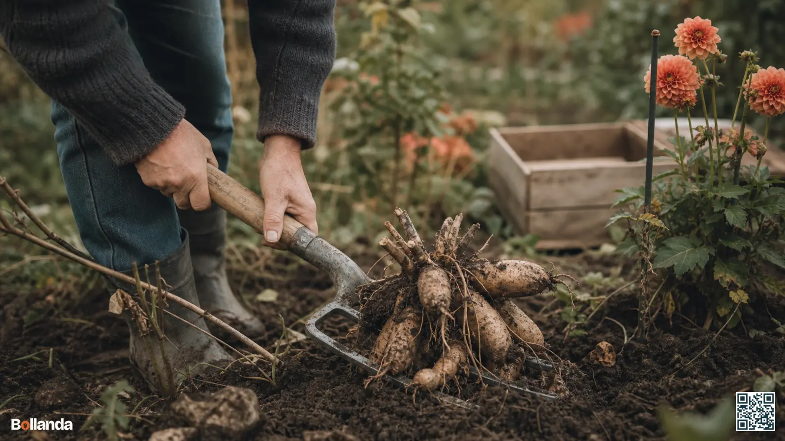 Tuinier licht met een rooivork een kluit dahliaknollen uit de herfstgrond zonder de knollen te beschadigen.