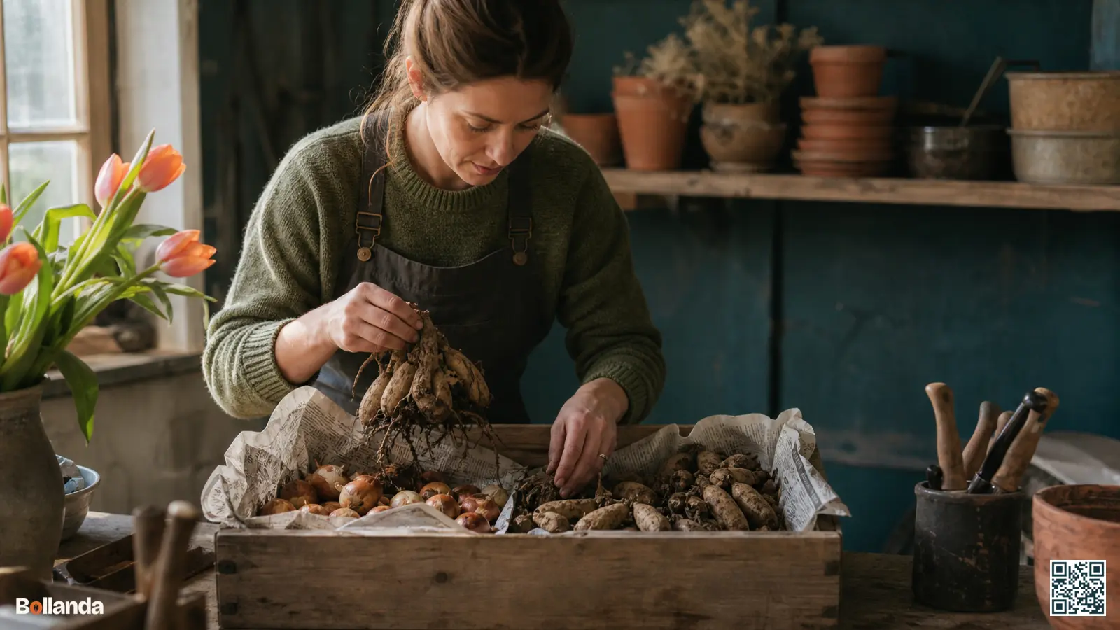 Tuinier legt gerooide dahliaknollen en tulpenbollen in een houten krat in de schuur na het seizoen.