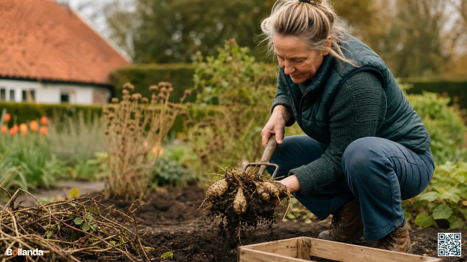 Tuinier licht voorzichtig bloembollen uit de herfstgrond met een rooivork in een Nederlandse tuin.
