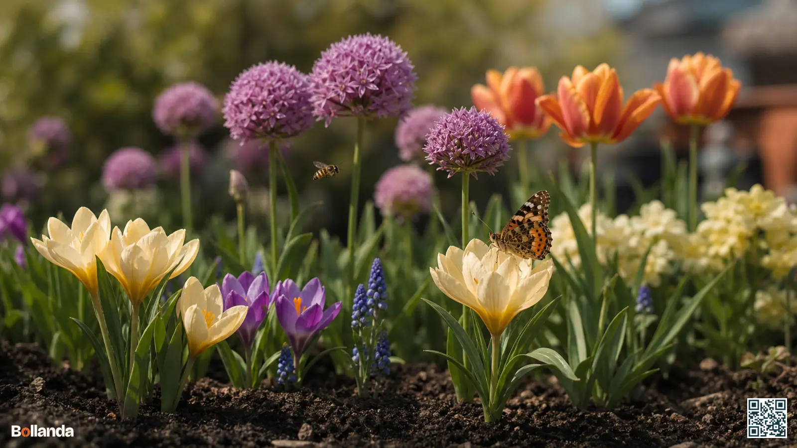 Een gevarieerde voorjaarsborder met bloeiende bloembollen, een zweefvlieg en vlinder boven de bloemen en gezonde tuinbodem.