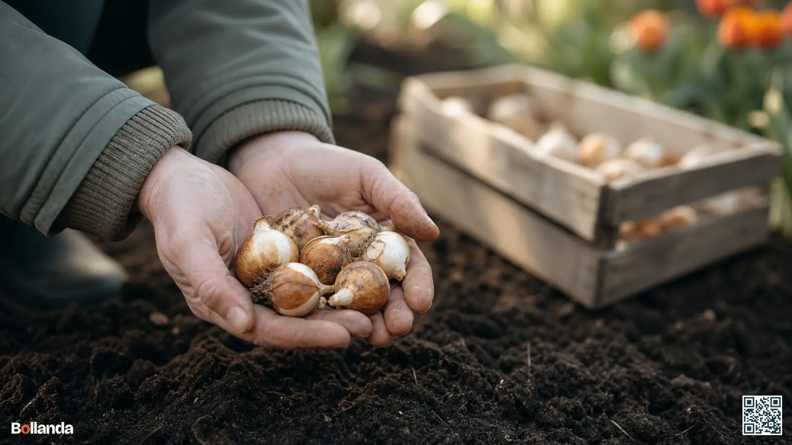 Tuinier houdt een handvol biologische bloembollen boven donkere tuingrond met houten krat op de achtergrond.