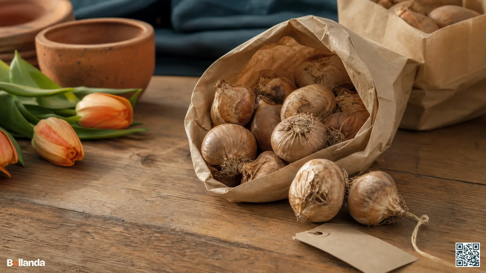 Close-up van stevige biologische bloembollen in neutrale papieren zakken op een houten tafel klaar om te kopen.