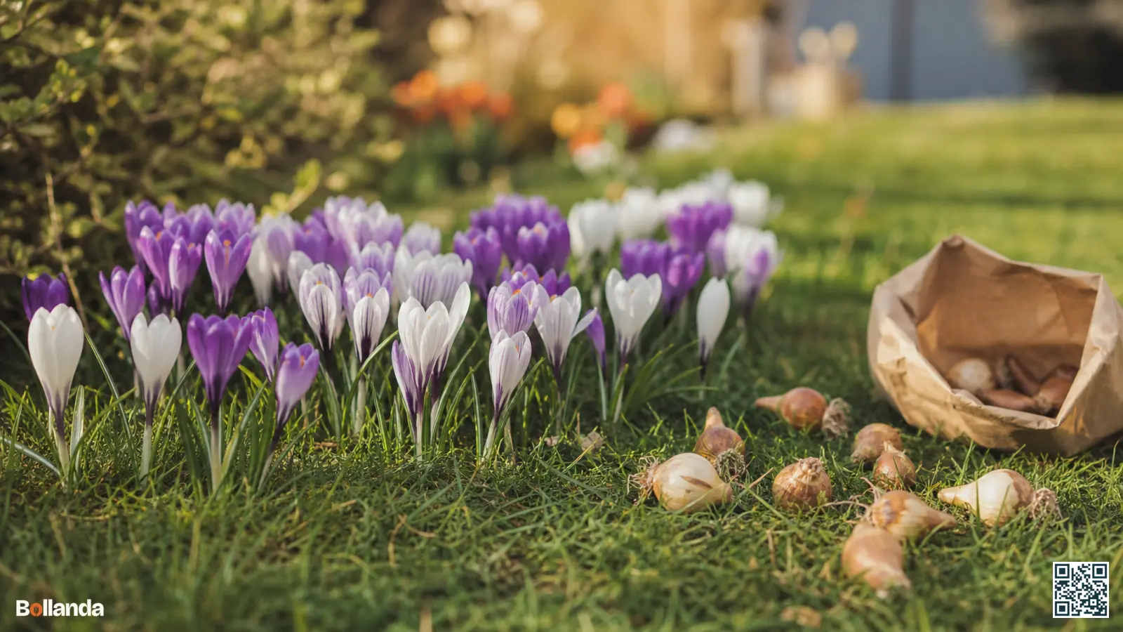 Verwilderde paarse en witte krokussen in een voorjaarsgazon met enkele losse bollen klaar om te planten.