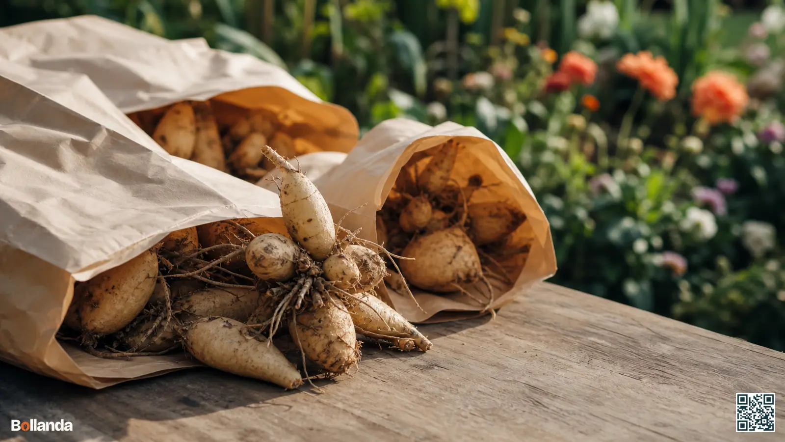 Close-up van stevige biologische dahliaknollen in neutrale papieren zakken op een houten tafel in een zomertuin.