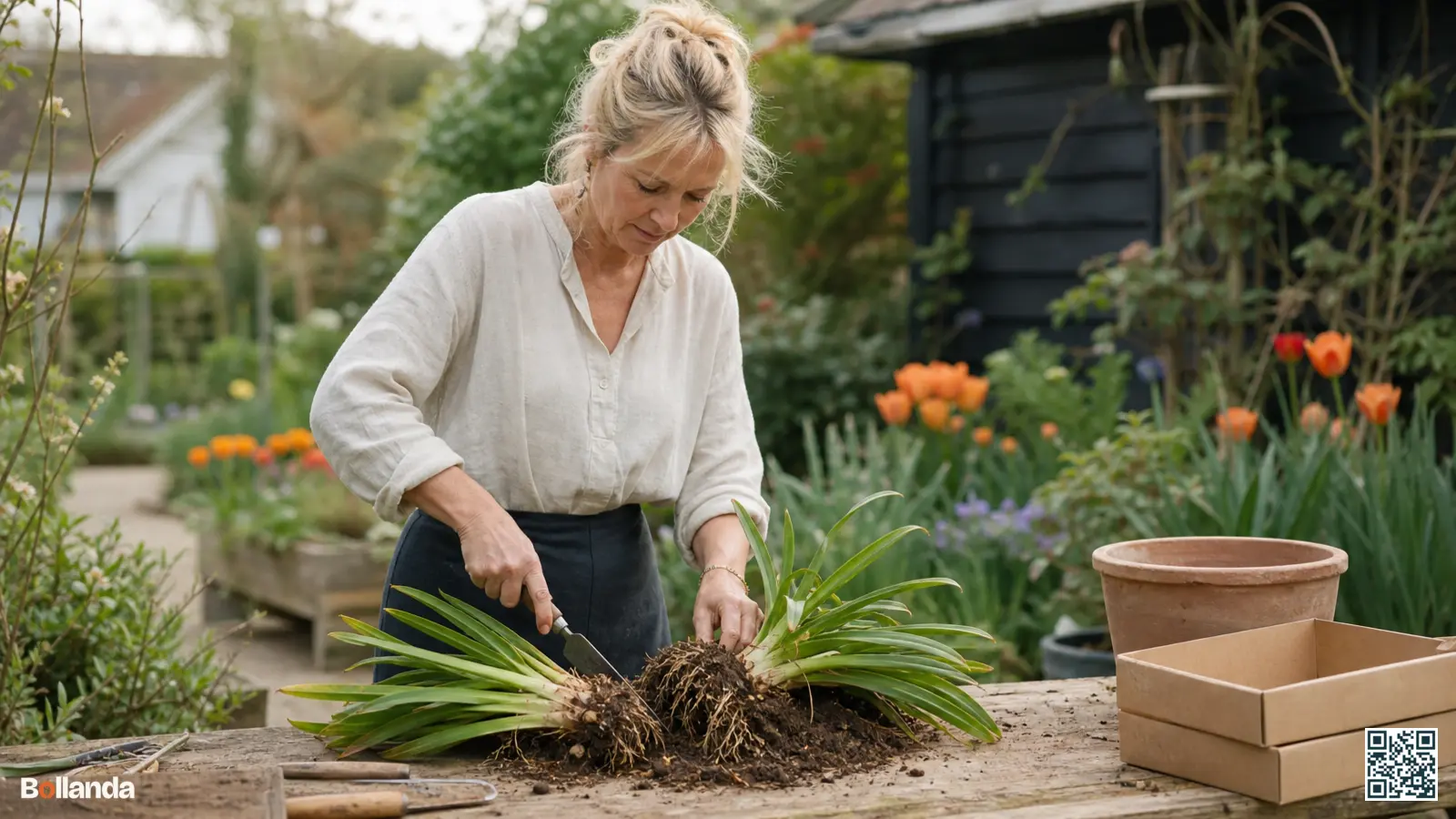 Tuinier verdeelt een grote agapanthus wortelstok met een spade om de plant te vermeerderen door scheuren.