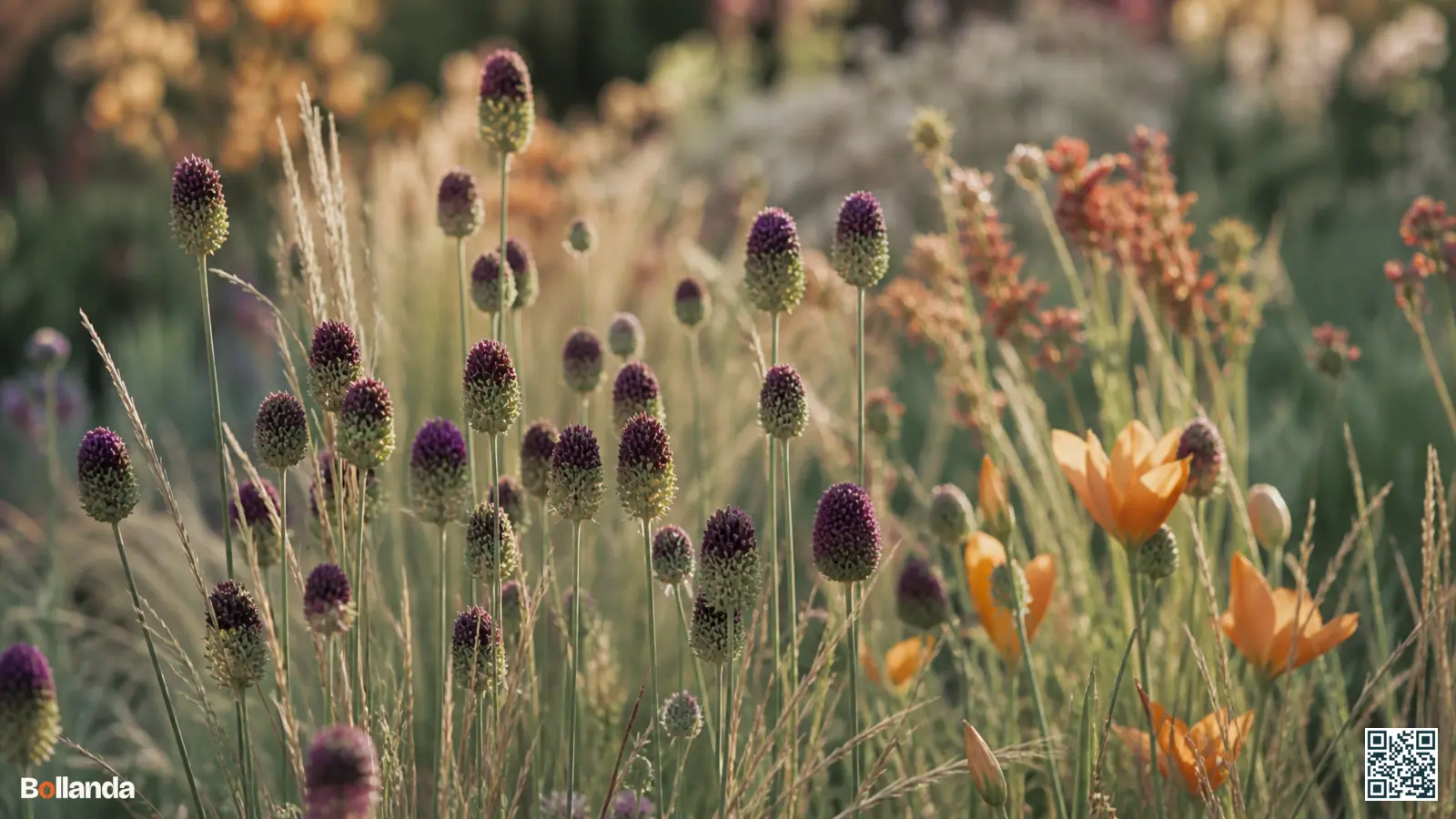 Roodpaarse trommelstokjes van Allium sphaerocephalon op dunne stelen tussen siergrassen in een zomerse border.