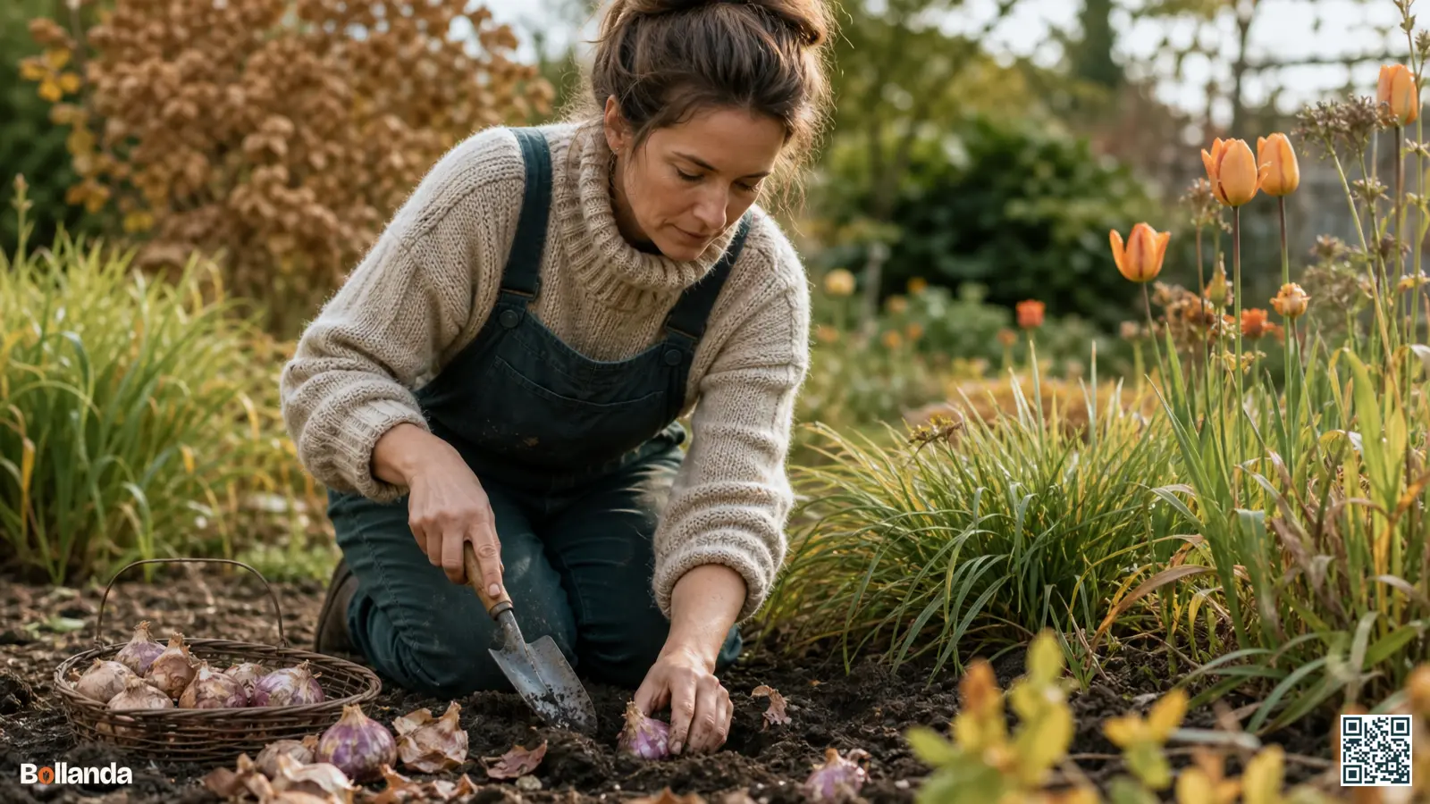 Een tuinier plant grote paarse alliumbollen met een handschepje in doorlatende najaarsgrond van een border.