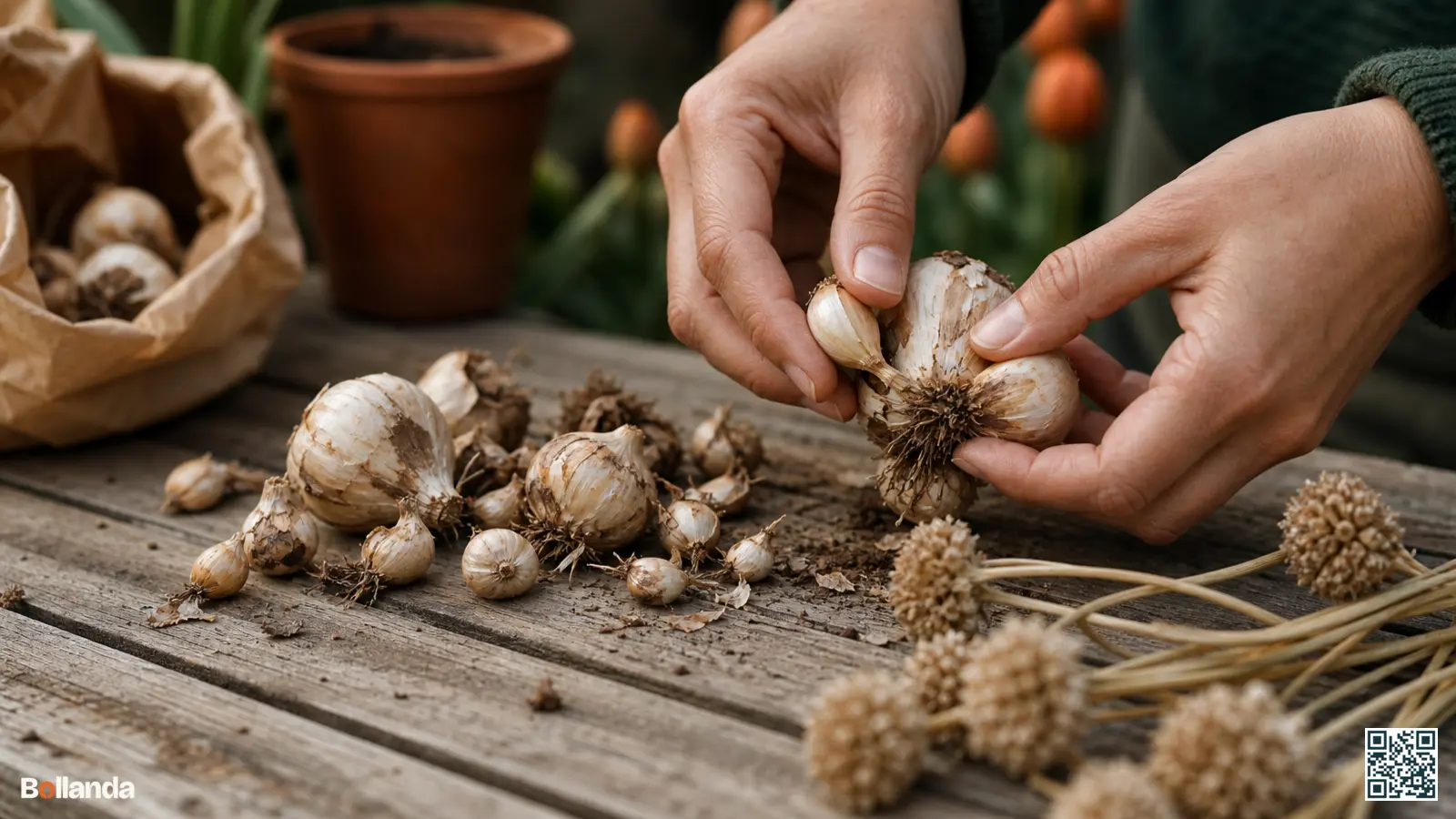 Handen scheiden kleine bijbollen van een alliumbol op een houten tuintafel met verdorde zaaddozen ernaast.
