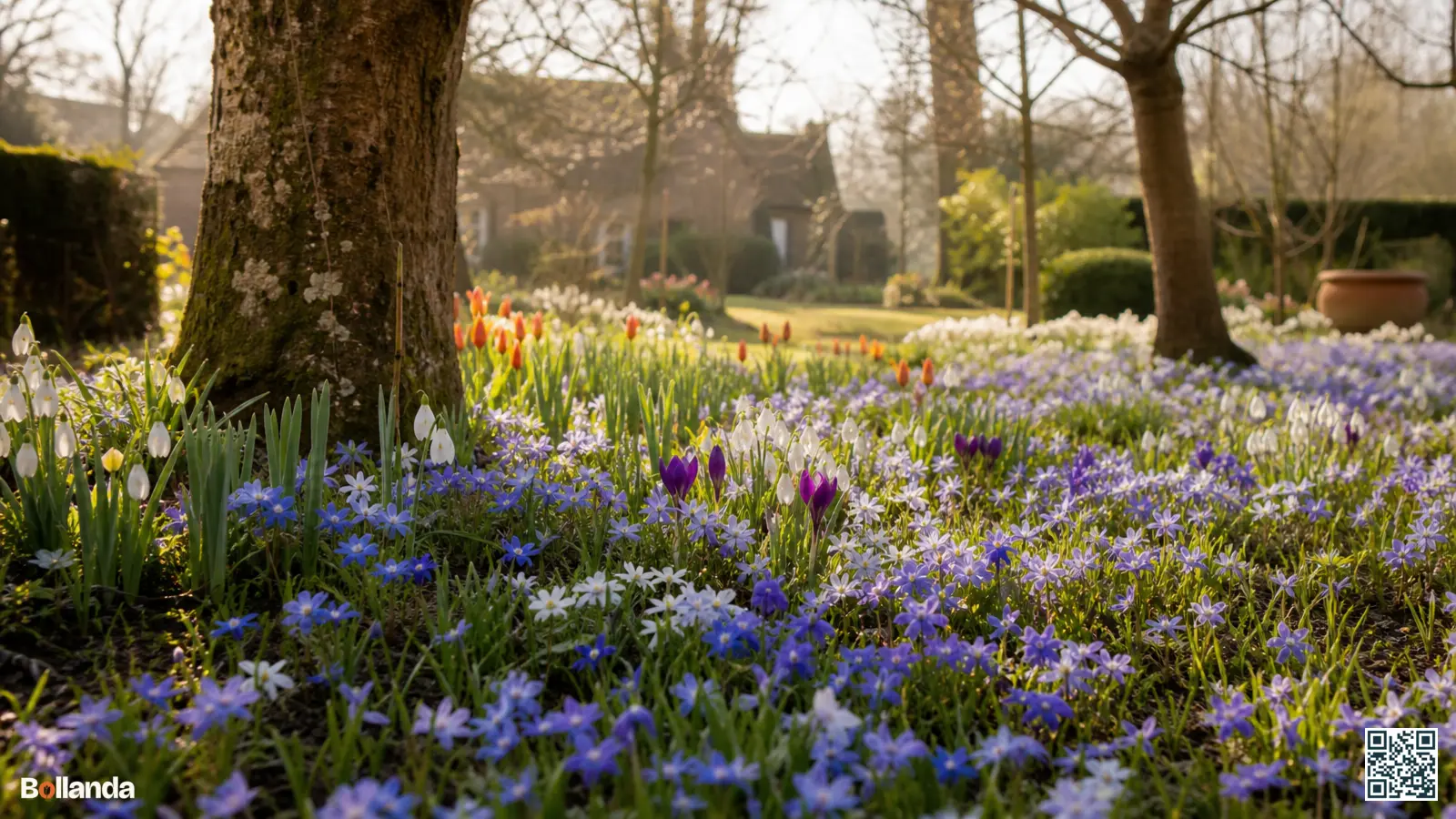 Blauwe en witte anemonen bloeien tussen krokussen en sneeuwklokjes onder kale loofbomen in een voorjaarstuin.