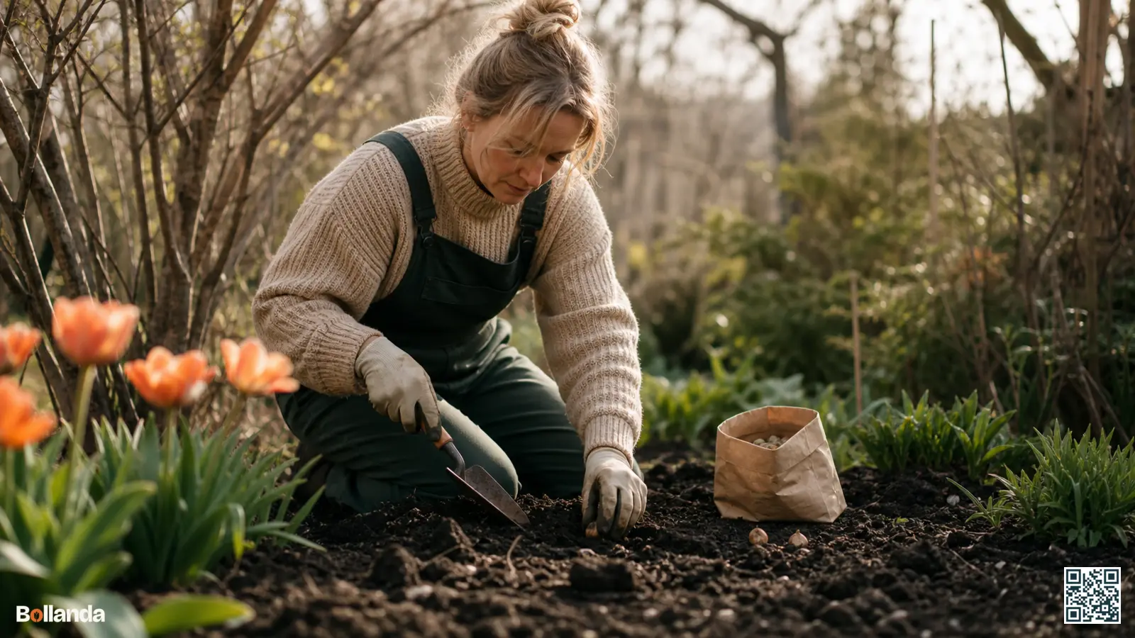 Tuinier plant kleine knobbelige anemoonknollen in losse aarde met een handschepje in het vroege voorjaar.