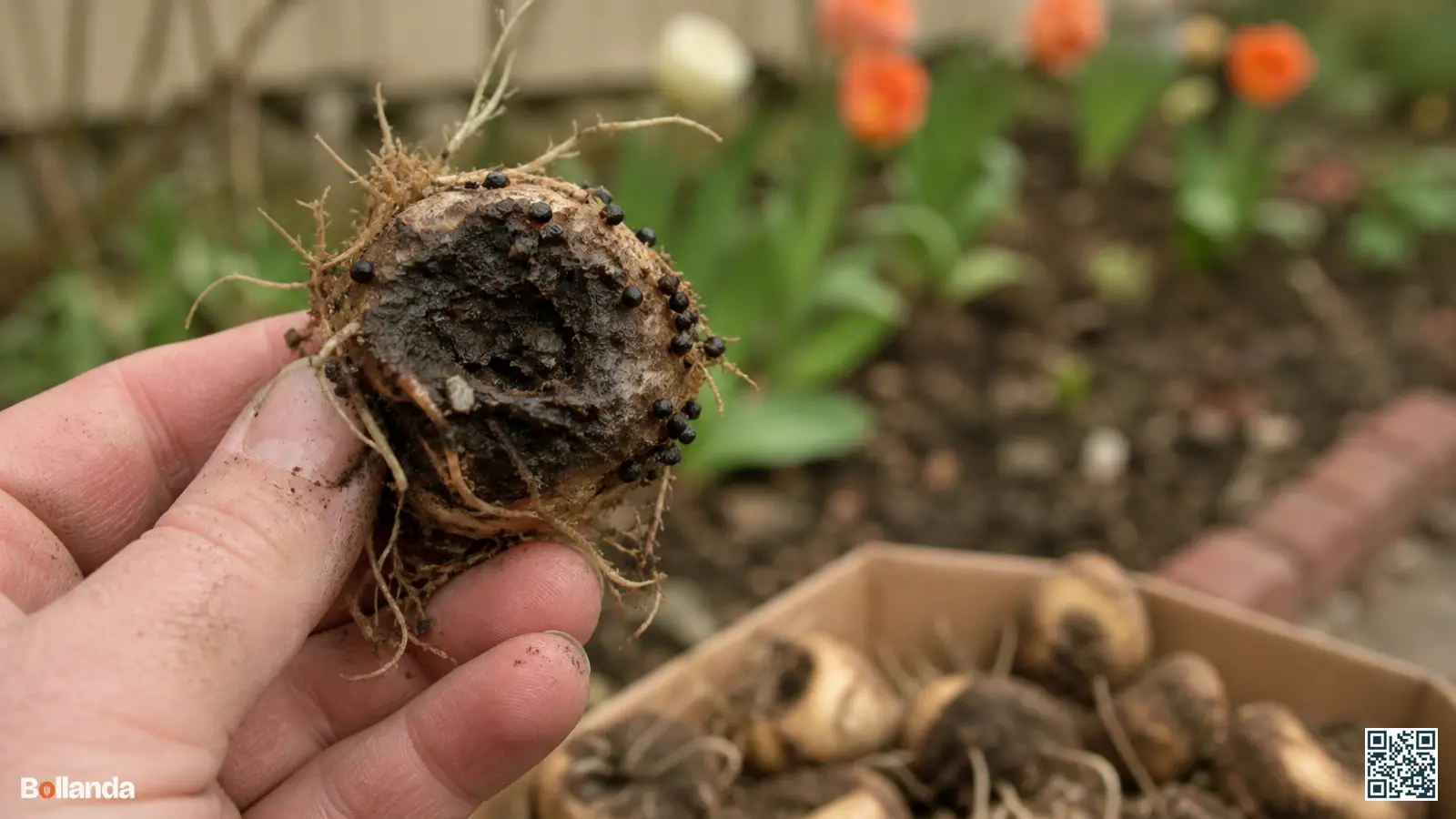 Close-up van een hand met een aangetaste anemoonknol met donkere rotplekken en zwarte sclerotiën boven een vochtige tuinbodem.