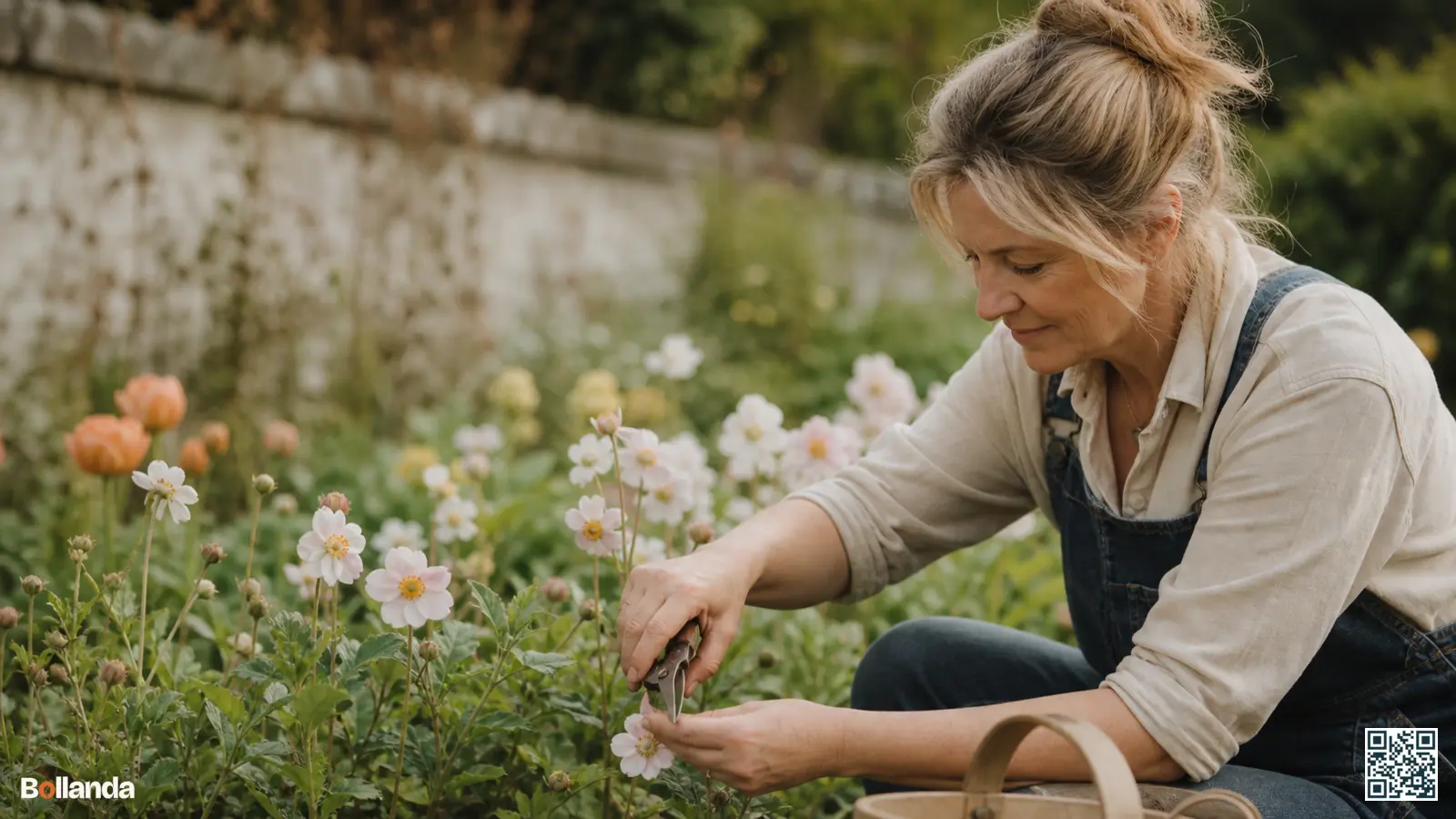 Een tuinier verzorgt bloeiende anemonen in een border en knipt voorzichtig uitgebloeide bloemen weg.