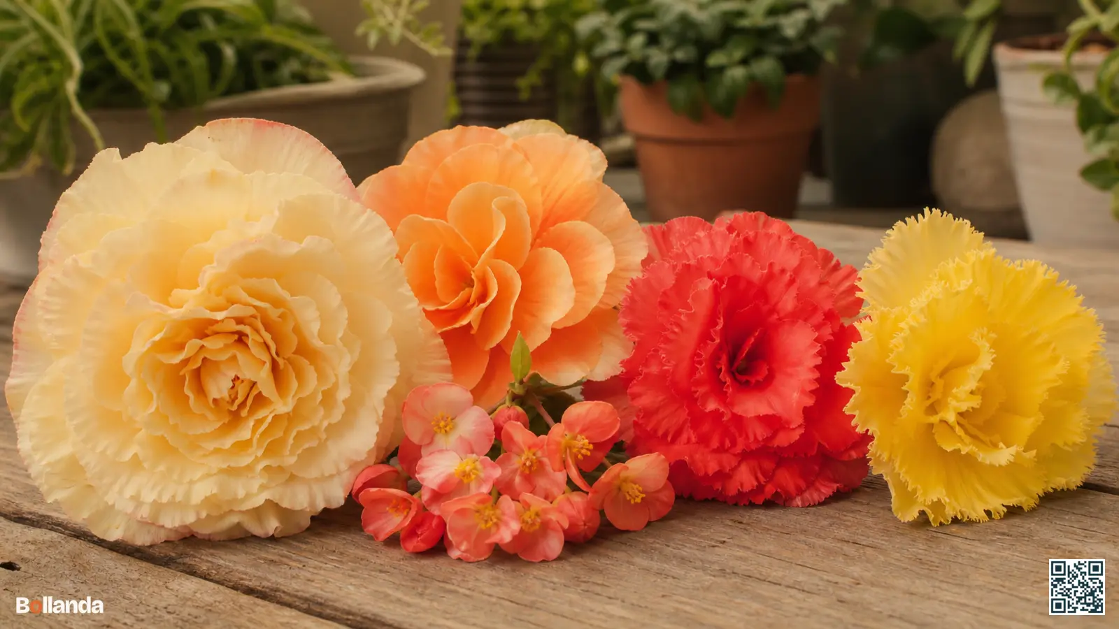 Verschillende bloemvormen van knolbegonia naast elkaar in warme kleuren op een houten tuintafel.