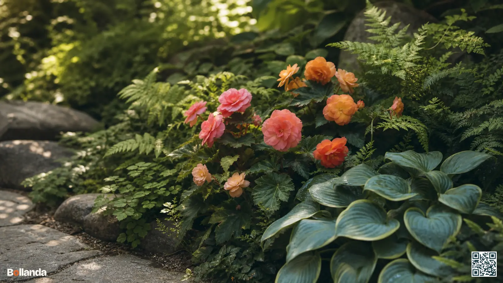 Knolbegonia met warme oranje en roze bloemen tussen varens en hosta in een halfschaduwrijke tuinborder.