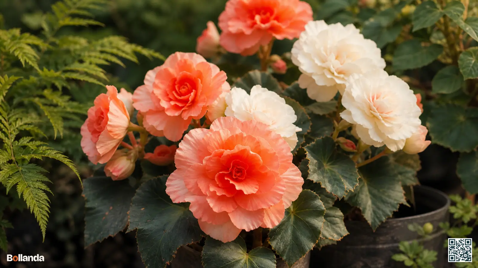 Bloeiende knolbegonia met grote gevulde bloemen in zalm en wit in een schaduwrijke tuinborder tussen varens.