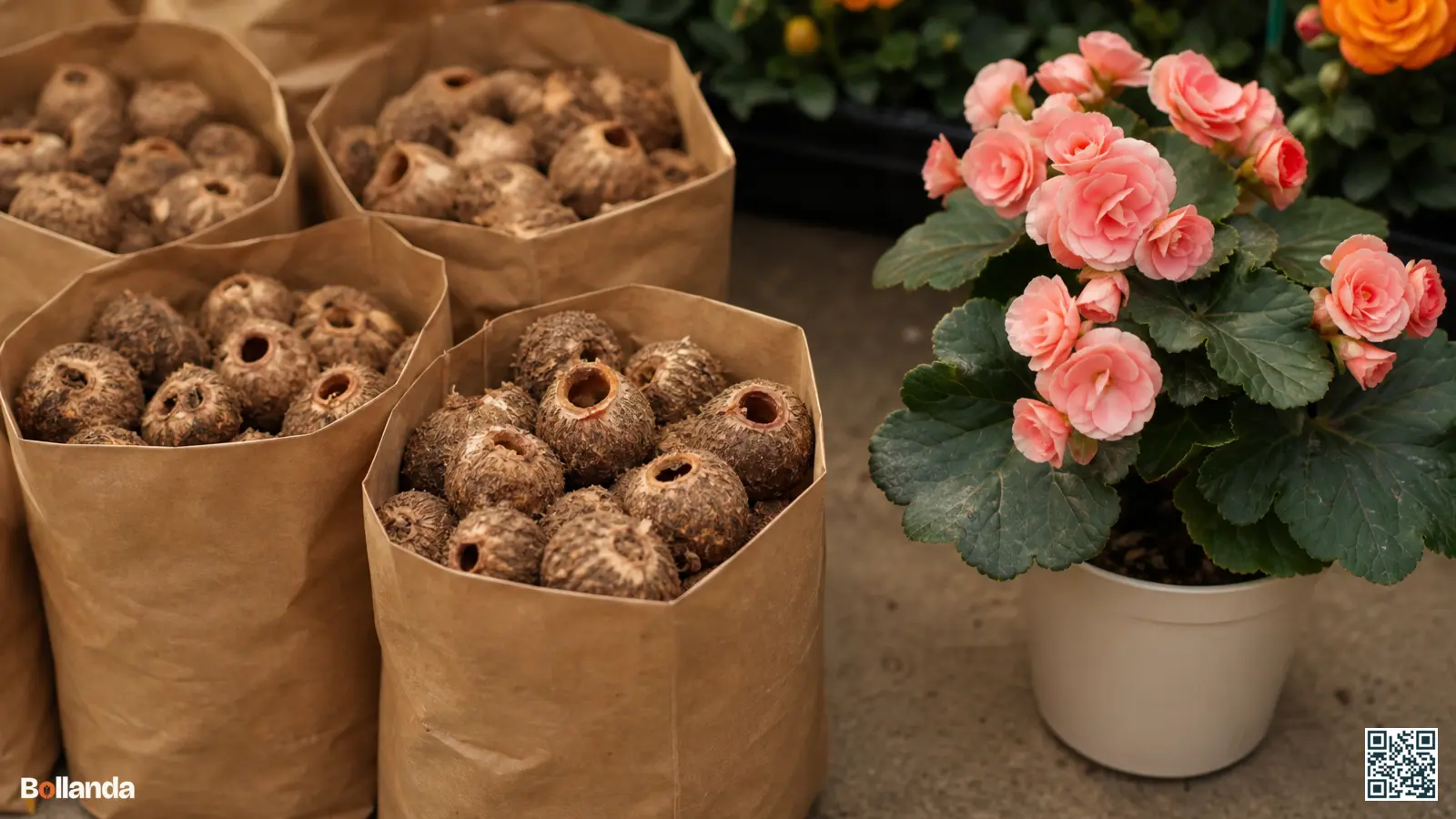 Close-up van stevige knolbegonia knollen met holle bovenkant in neutrale papieren zakken naast een bloeiende potplant.