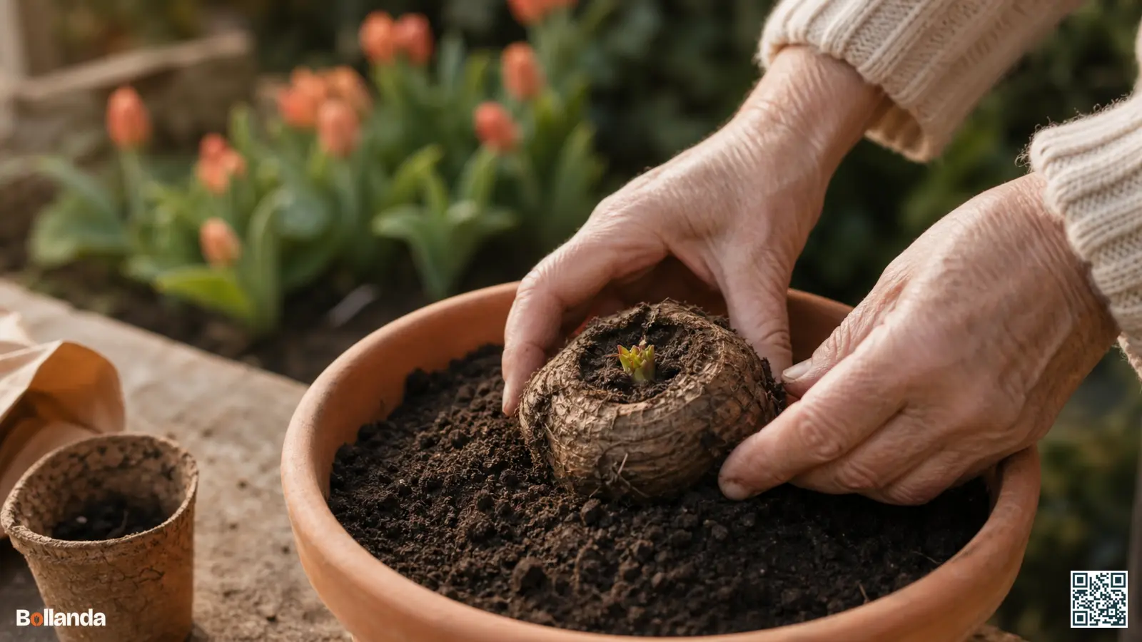 Handen planten een knolbegonia met de holle kant naar boven in een brede pot met losse grond.