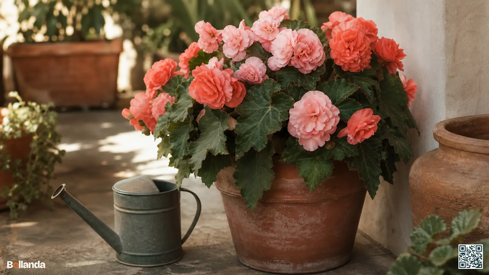 Rijkbloeiende knolbegonia in terracottapot op een schaduwrijk terras met gieter aan de voet van de plant.