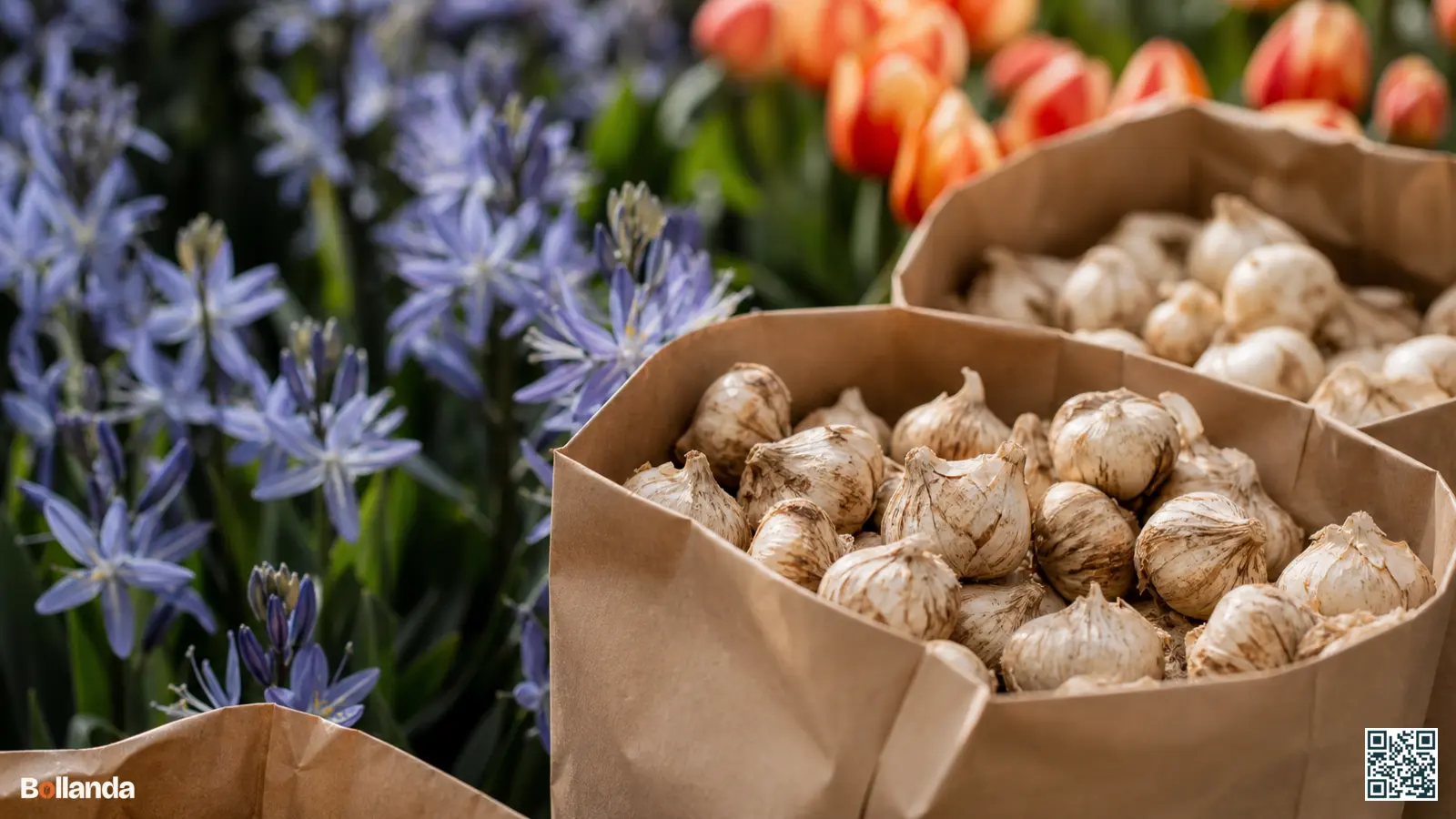 Close-up van stevige camassiabollen in neutrale papieren zakken in een tuincentrum, met blauwe bloemen vaag op de achtergrond.