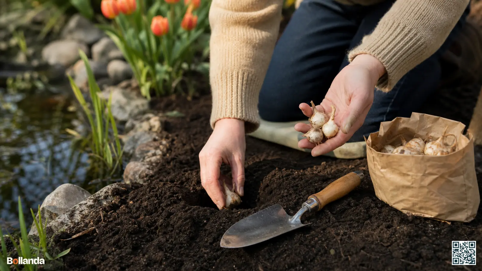 Een tuinier plant camassiabollen in vochtige donkere tuingrond bij een vijverrand met een handschepje ernaast.