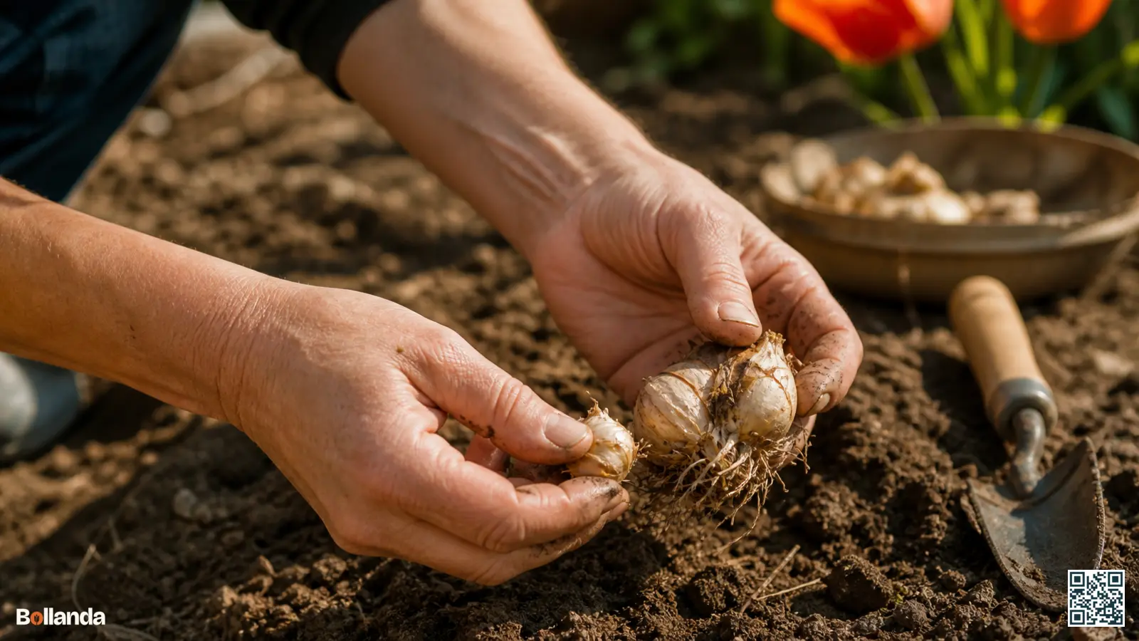 Handen scheiden voorzichtig camassia bijbollen van de moederbol op droge zomergrond tijdens het vermeerderen.