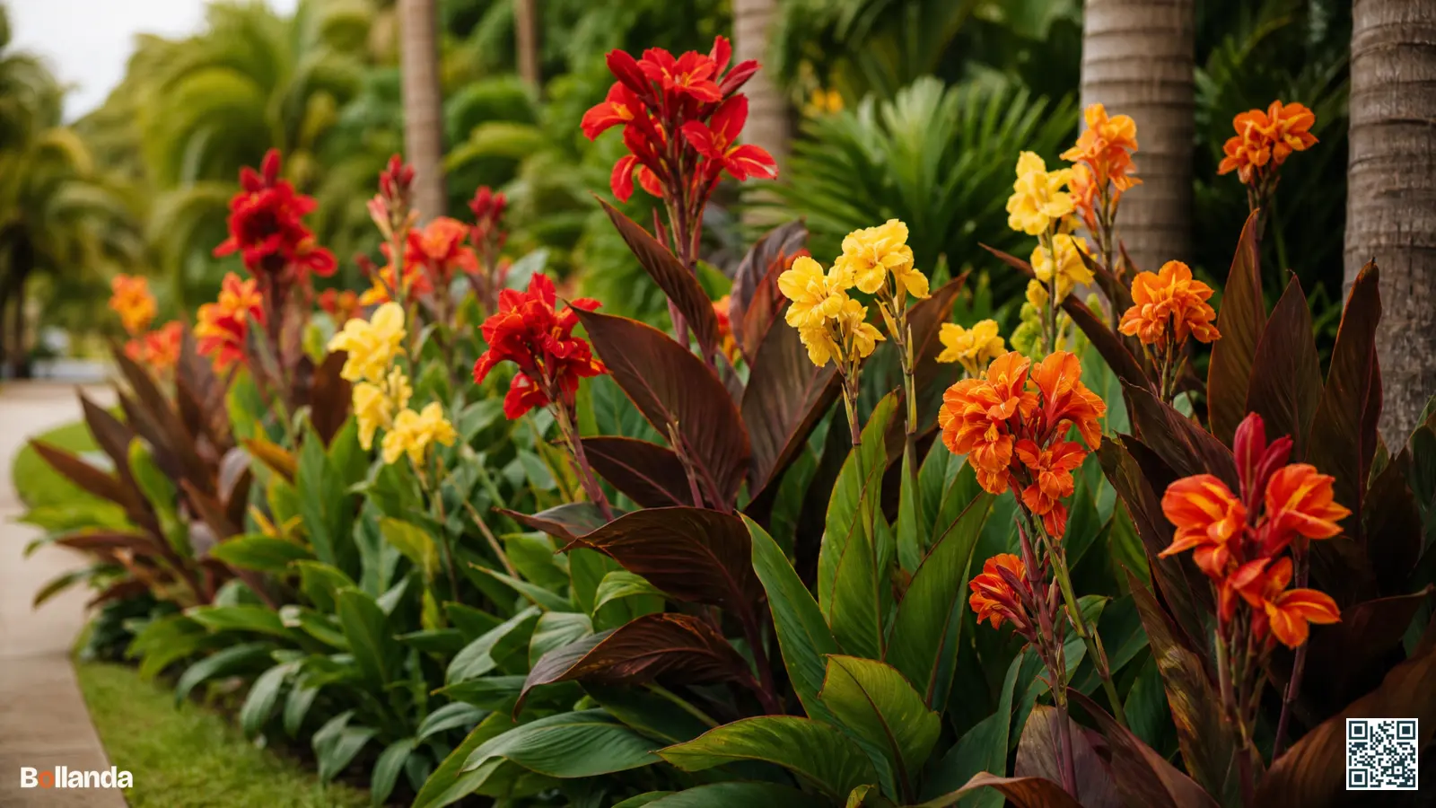 Kleurrijke canna's met groen en bronskleurig blad in verschillende hoogtes in een tropische tuinborder.