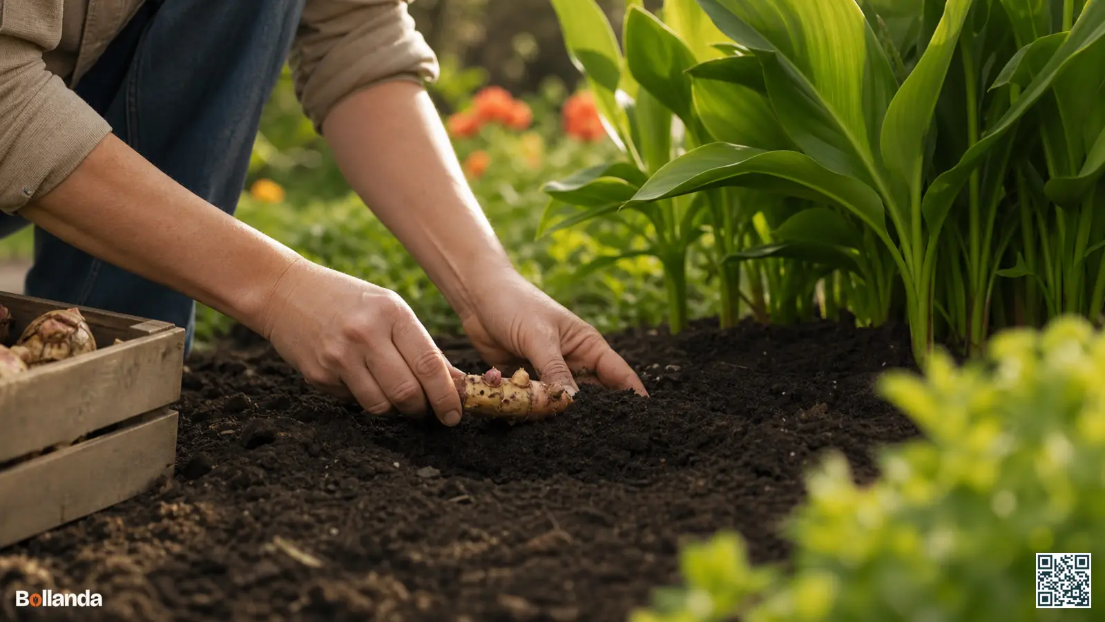 Tuinier plant een canna wortelstok horizontaal met de groeipunten omhoog in voedselrijke grond in een zonnige border.