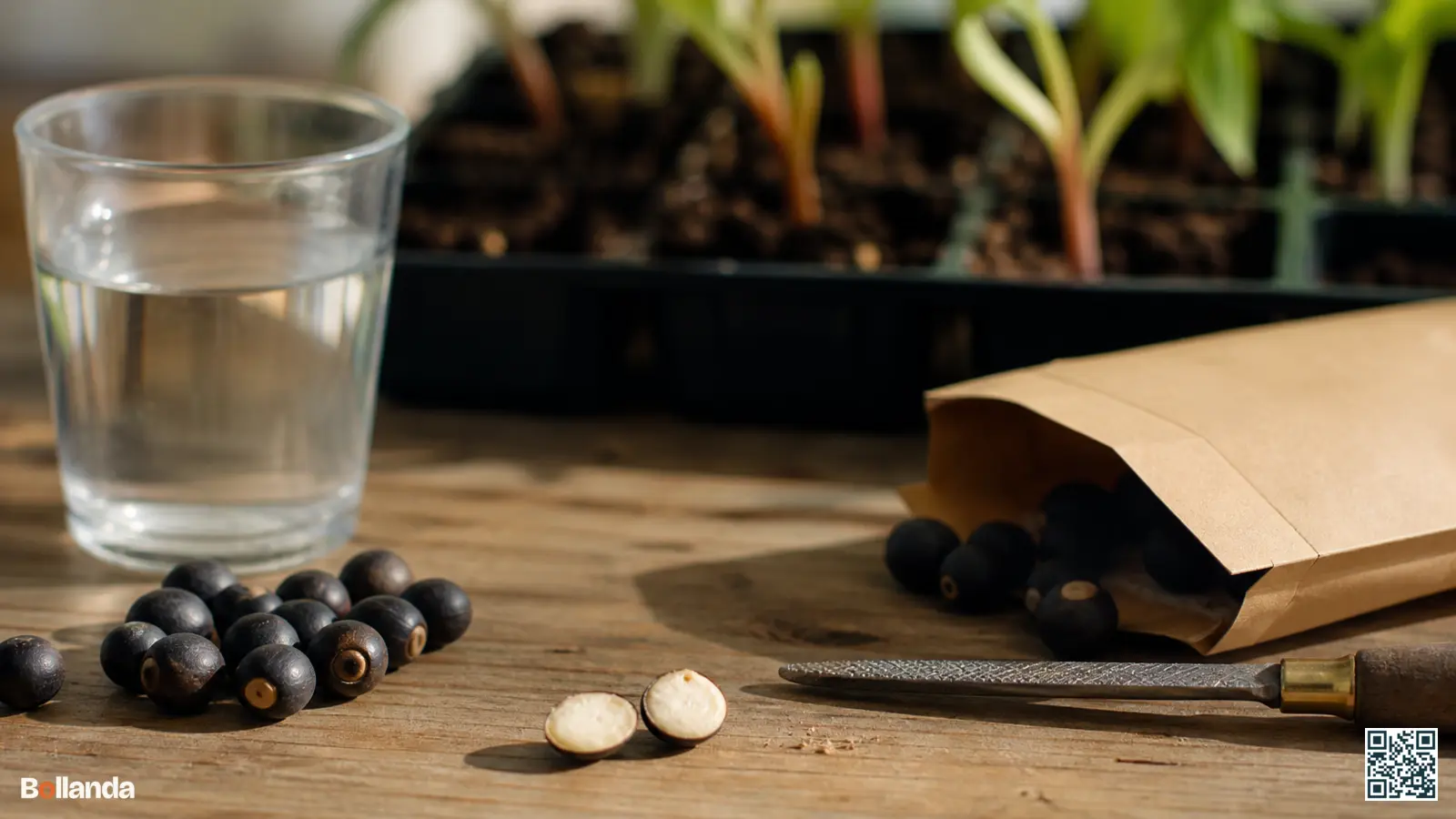 Harde ronde canna-zaden op een houten tafel, een zaad opengevijld naast een vijl en glas water.
