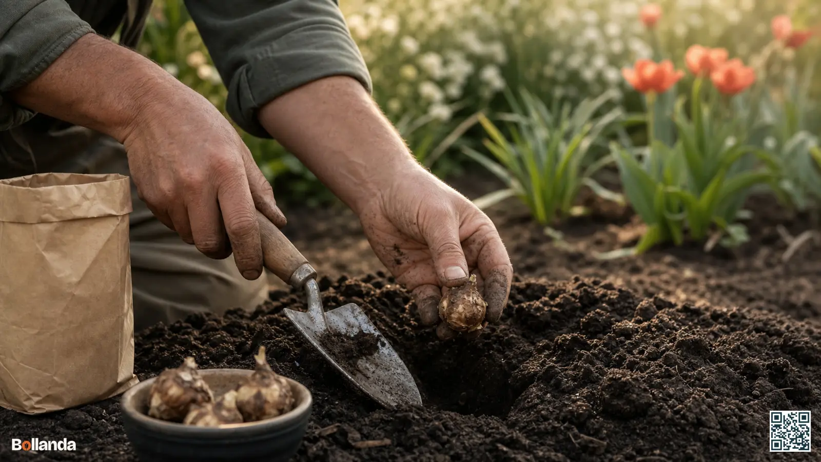 Handen planten een bruine knol herfsttijloos in vruchtbare zomergrond met een handschepje in een zonnige border.