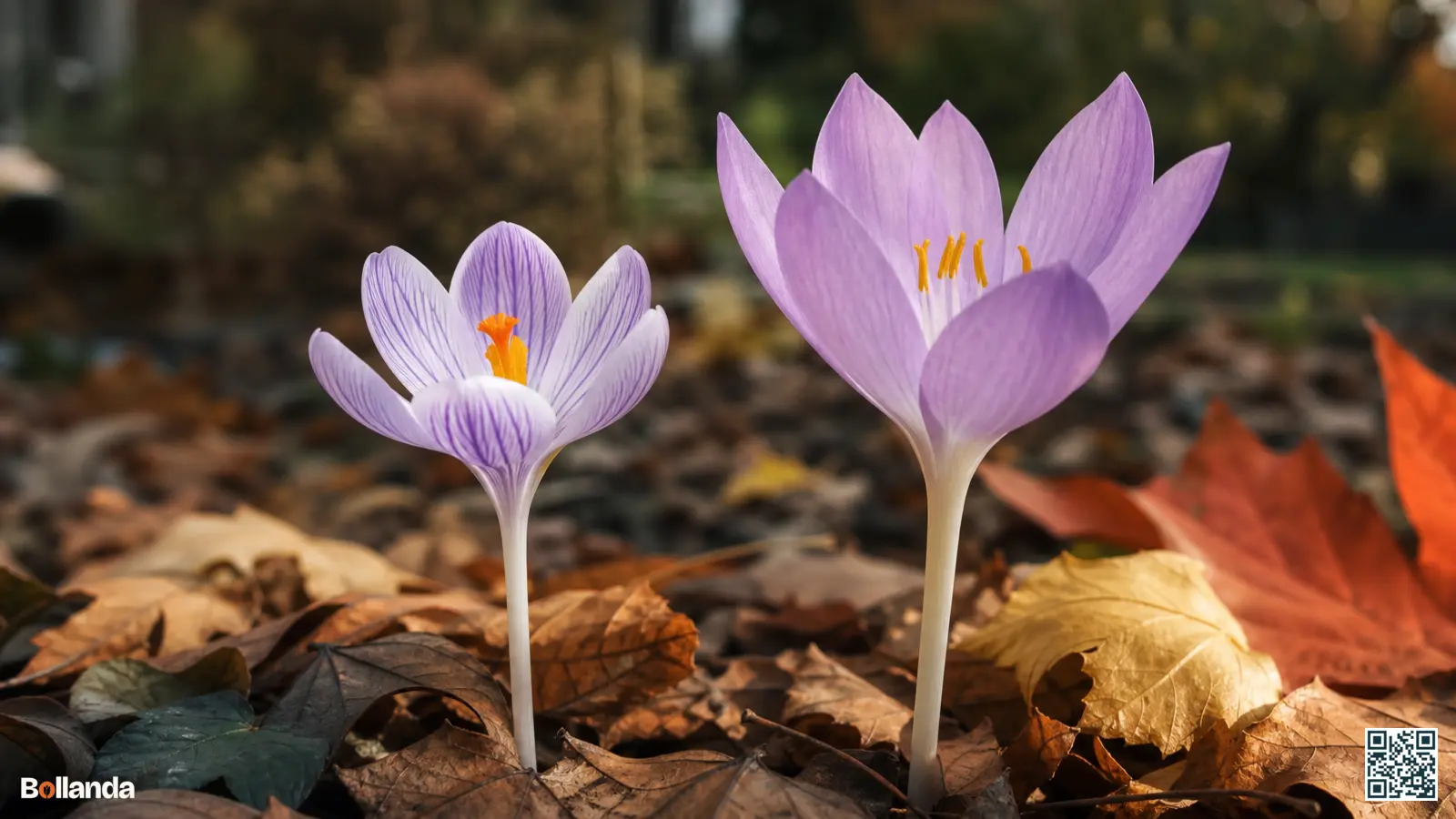 Herfsttijloos en herfstkrokus naast elkaar in een herfsttuin met zichtbare meeldraden op kale stelen.