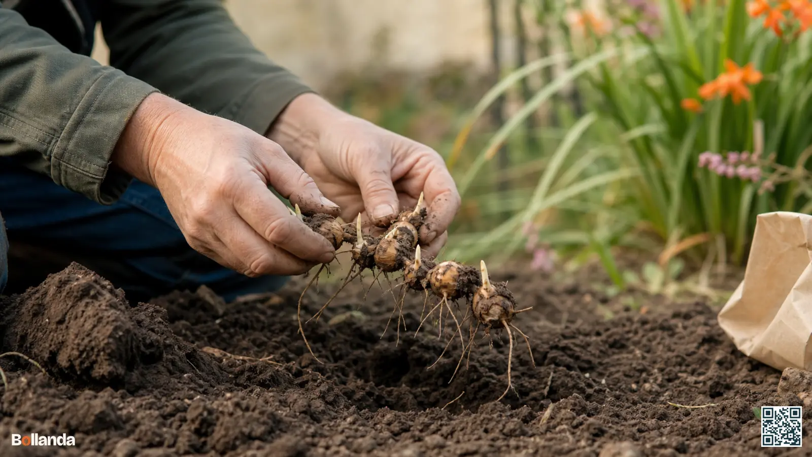 Handen scheiden een ketting crocosmia-knollen boven verse voorjaarsgrond in een tuinborder.